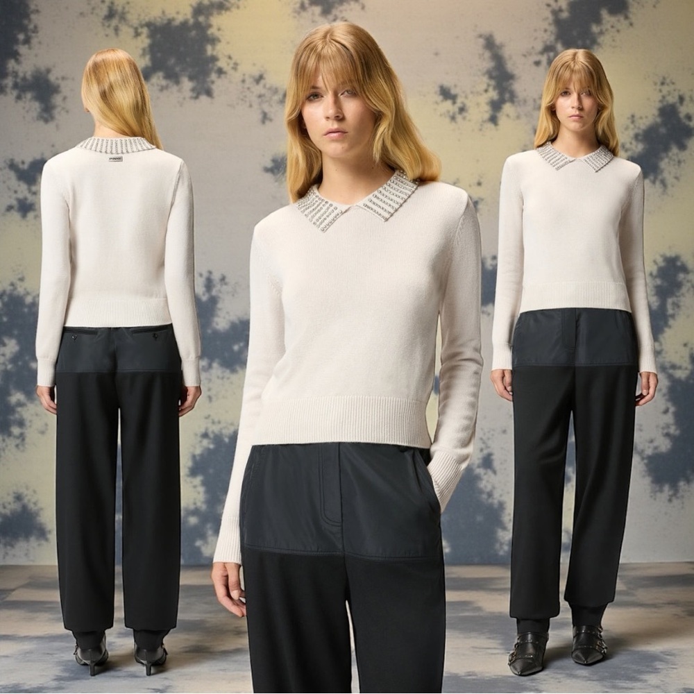Pinko Women’s Ventotene Maglia Wool Blend Sweater With Rhinestone Collar Size S